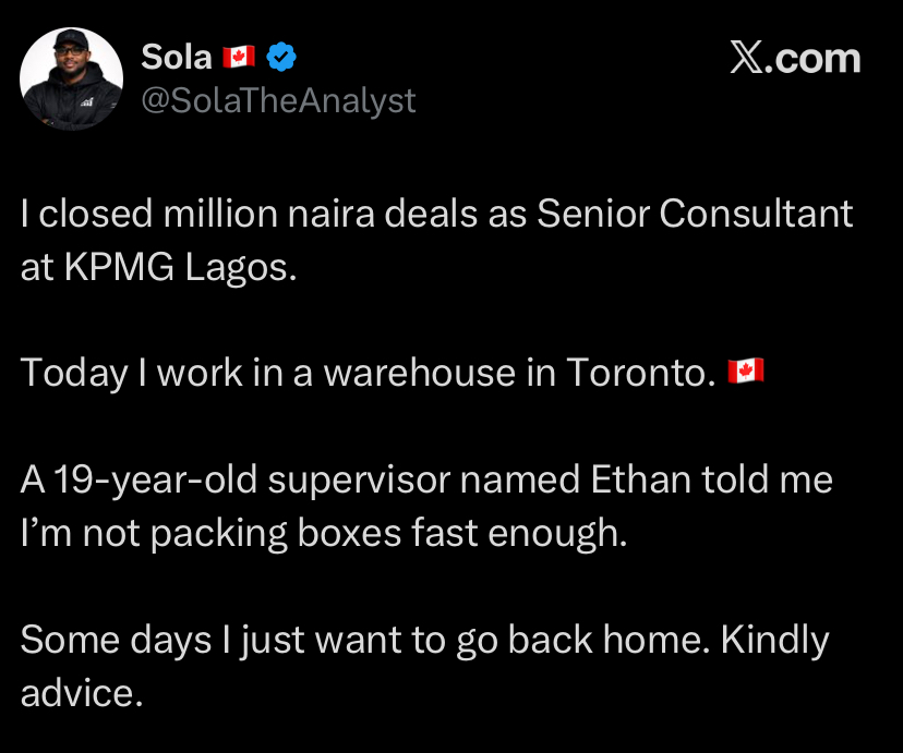 “I closed million-naira deals at KPMG, now I pack boxes in Canada” – Nigerian man cries out
