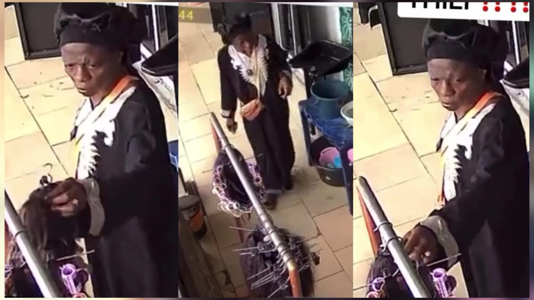 CCTV captures the moment an elderly woman allegedly steals a wig from a salon