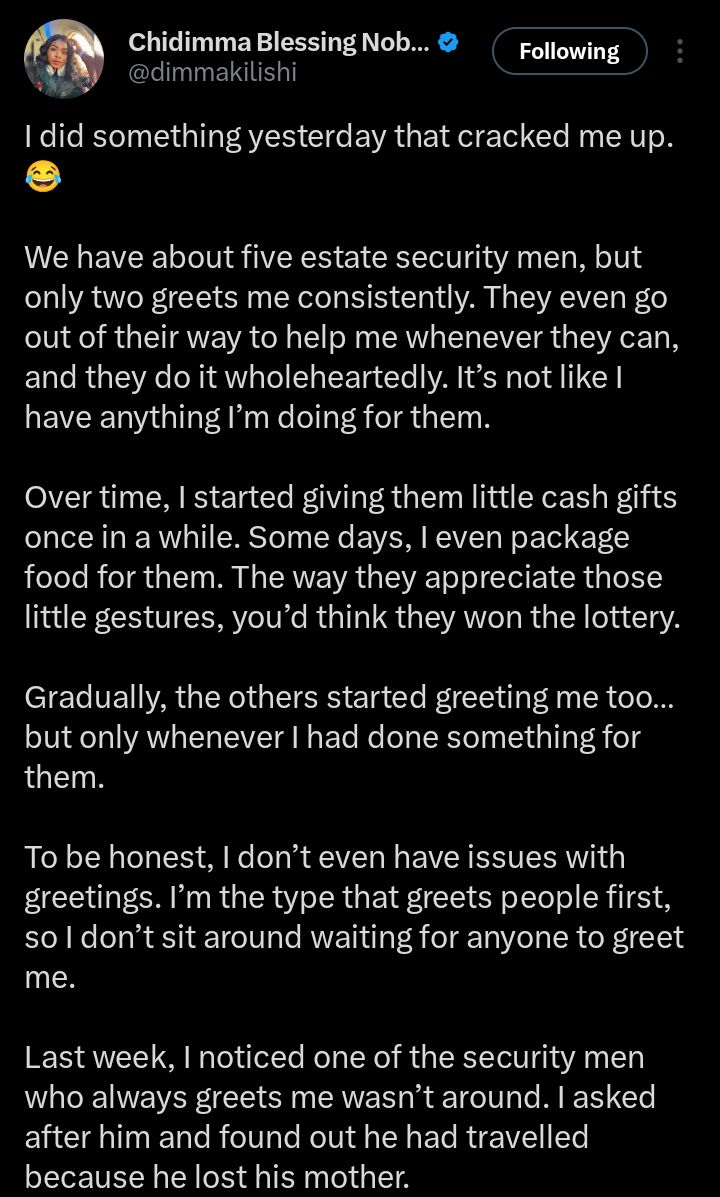 “Since yesterday..." — Lady recounts what estate security men did after she gifted their colleague ₦10,000