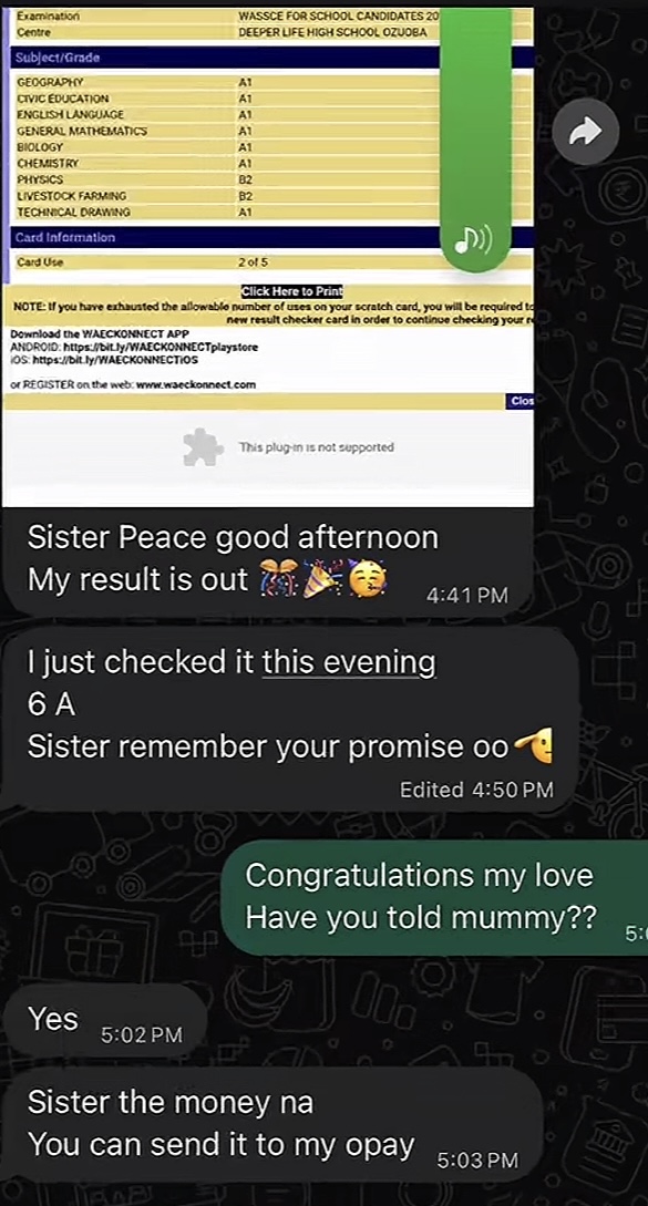 2026 WAEC: Lady who promised brother ₦50k for every A1 cries out after seeing his result