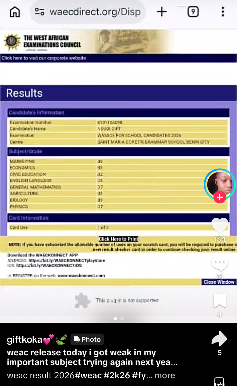 2026 WAEC: Lady who had 5Bs cries out after scoring D7s in her “important subjects”