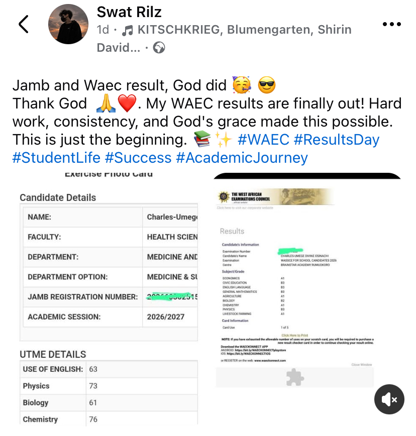 2026 WAEC: Boy who scored 273 in JAMB shares his result online, hopes to study Medicine and Surgery