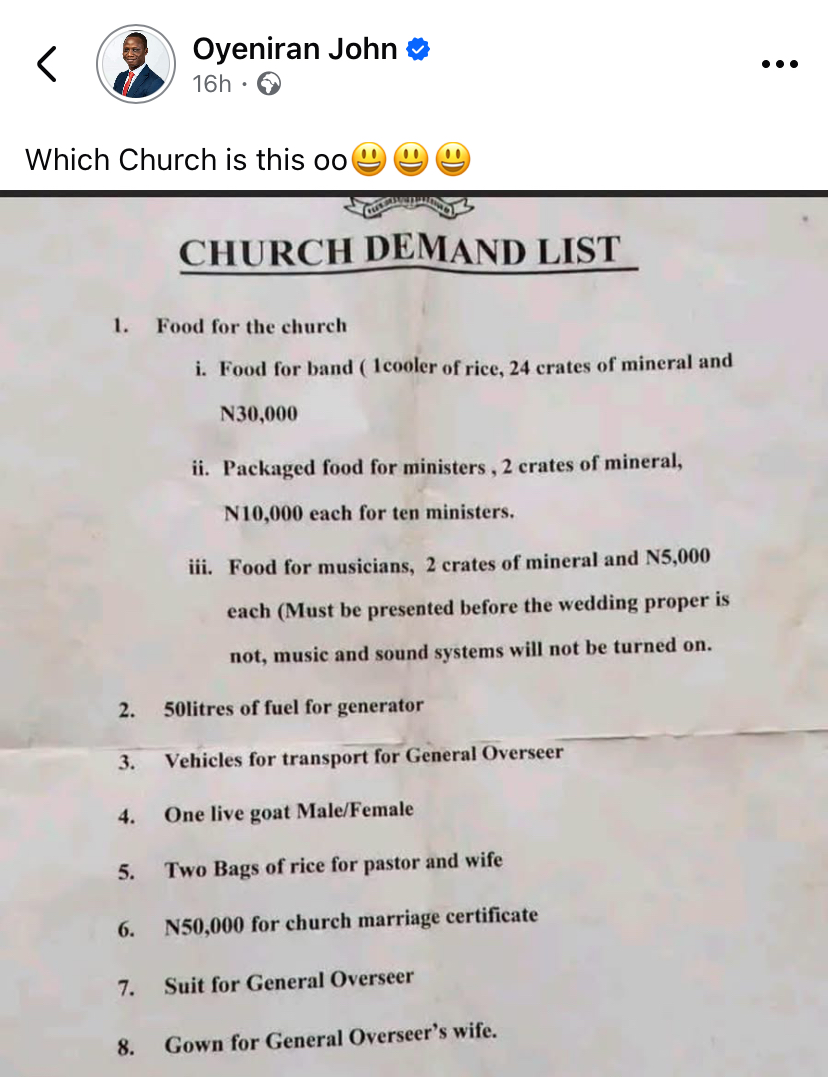 “50 litres of fuel, live goat, suit” - Man cries out over church’s alleged wedding demand list