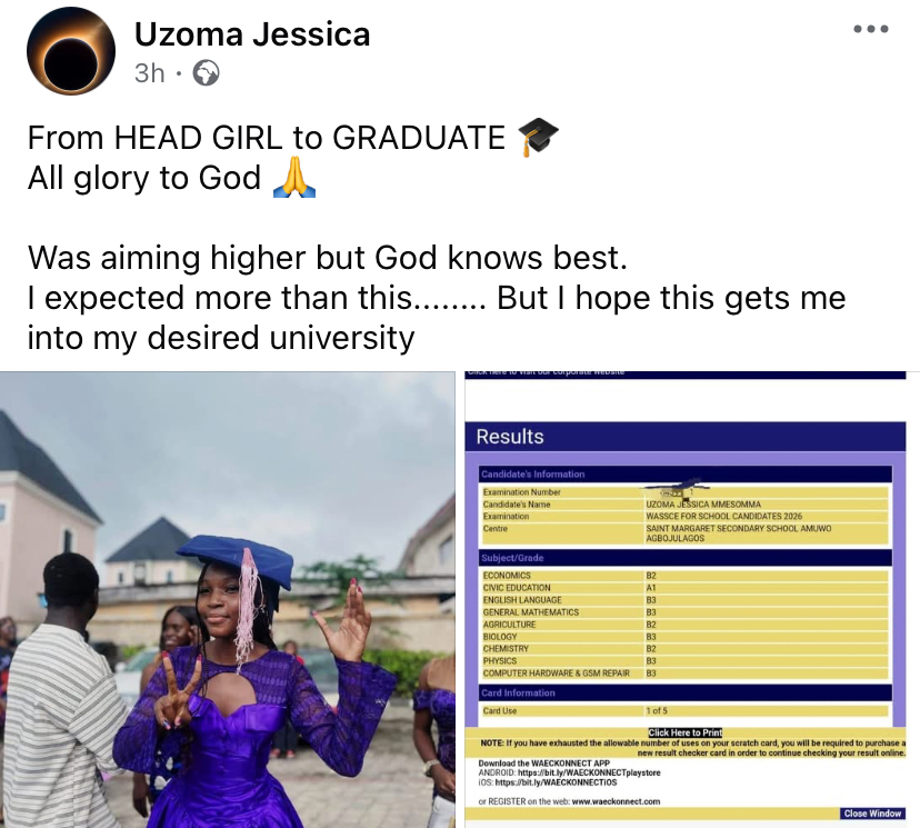 2026 WAEC: “I expected more than this” - Lagos school head girl cries out