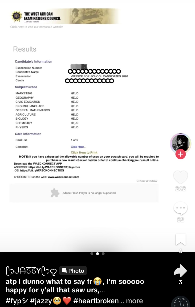 2026 WAEC: Lady checks her result, gets “held” across all 9 subjects
