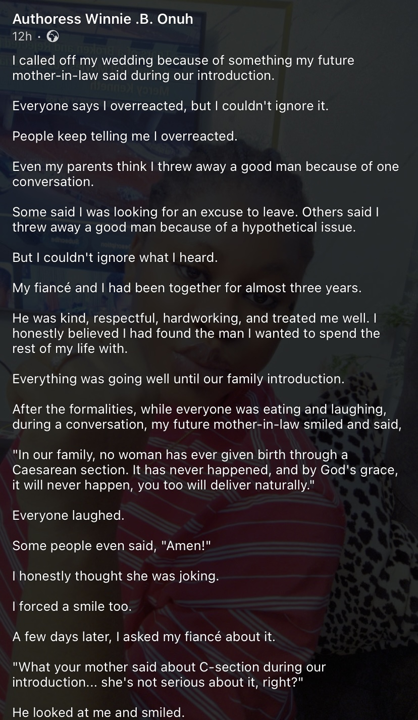 “I couldn’t ignore what I heard” - Lady calls off wedding over mother-in-law’s comment during introduction