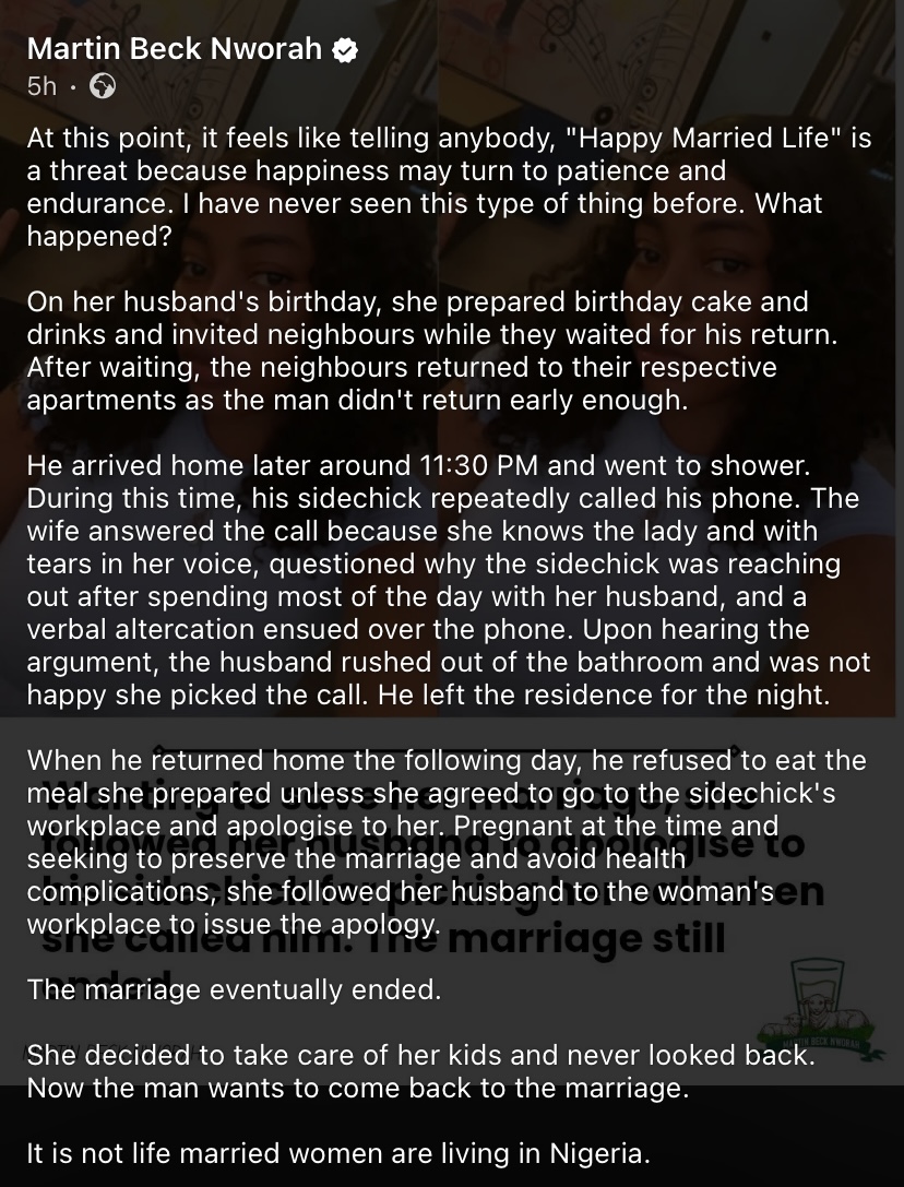 Pregnant wife reportedly followed husband to apologise to his side chic, marriage still ends