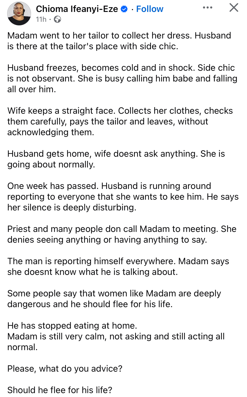 Husband panics, runs to family, priest after wife catches him with side chic and says nothing for weeks