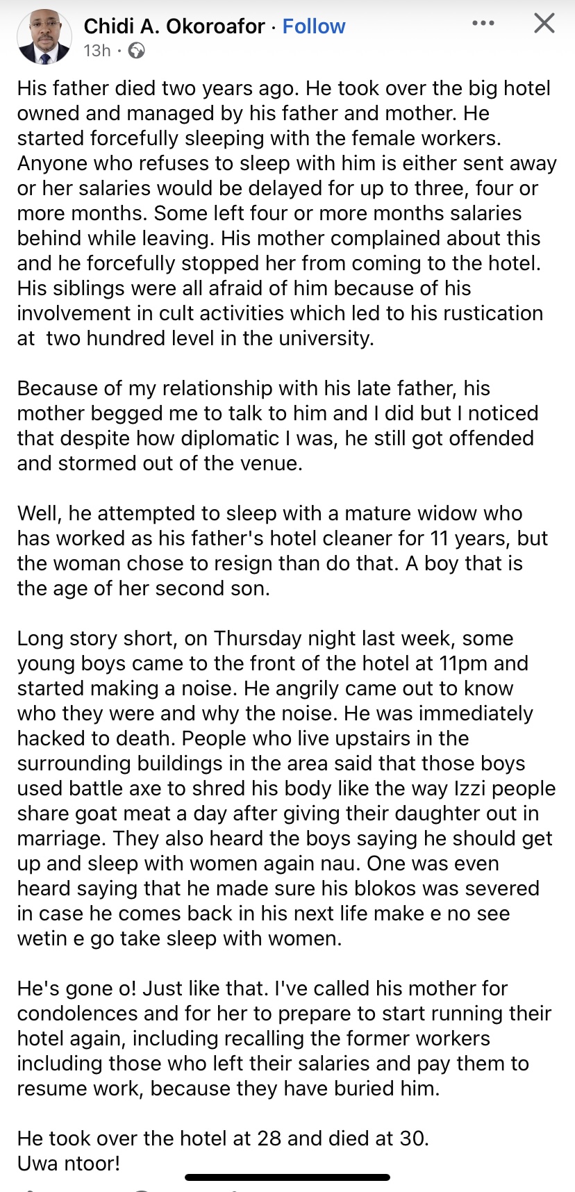 “He took over his father’s hotel at 28 and died at 30” – Man shares disturbing story of young hotel owner