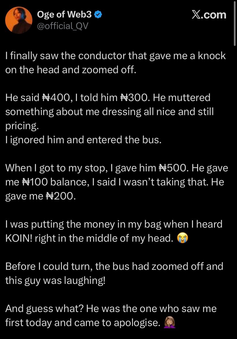 KOIN! right in the middle of my head” – Lady recounts how bus conductor hit her and zoomed off