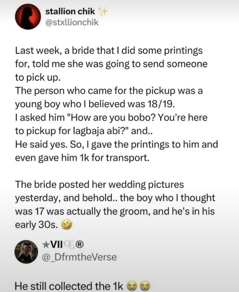 “I even gave him ₦1k for transport” - Lady shares how she mistook groom for teenager