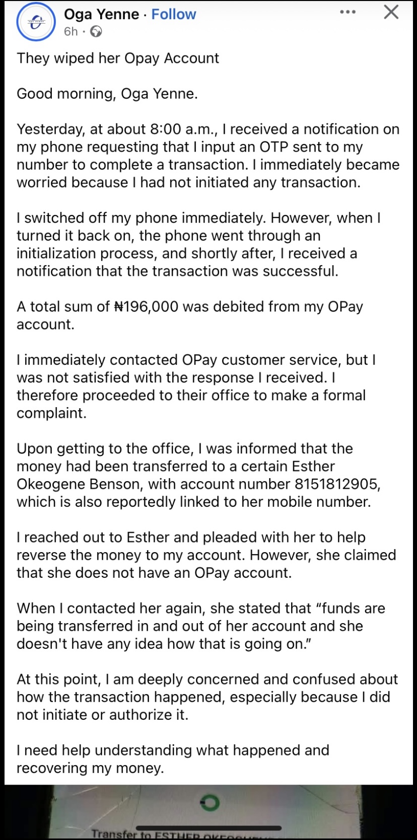 “I did not initiate any transaction” - Lady cries out after ₦196,000 vanishes from her OPay account