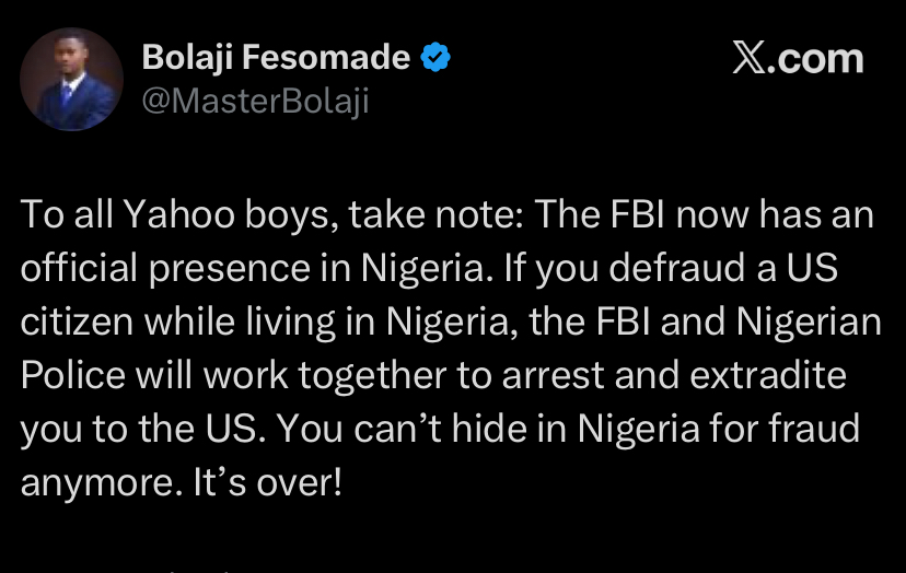 “You can’t hide in nigeria for fraud anymore. It’s over!” – FBI reportedly steps up presence in Nigeria