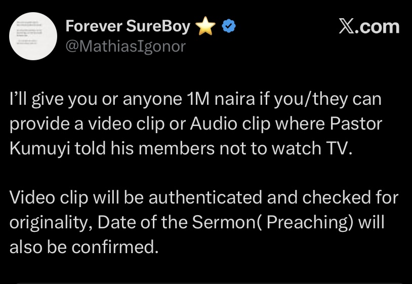 “I’ll give you ₦1m” - Man dares Nigerians to prove Pastor Kumuyi told members not to watch TV
