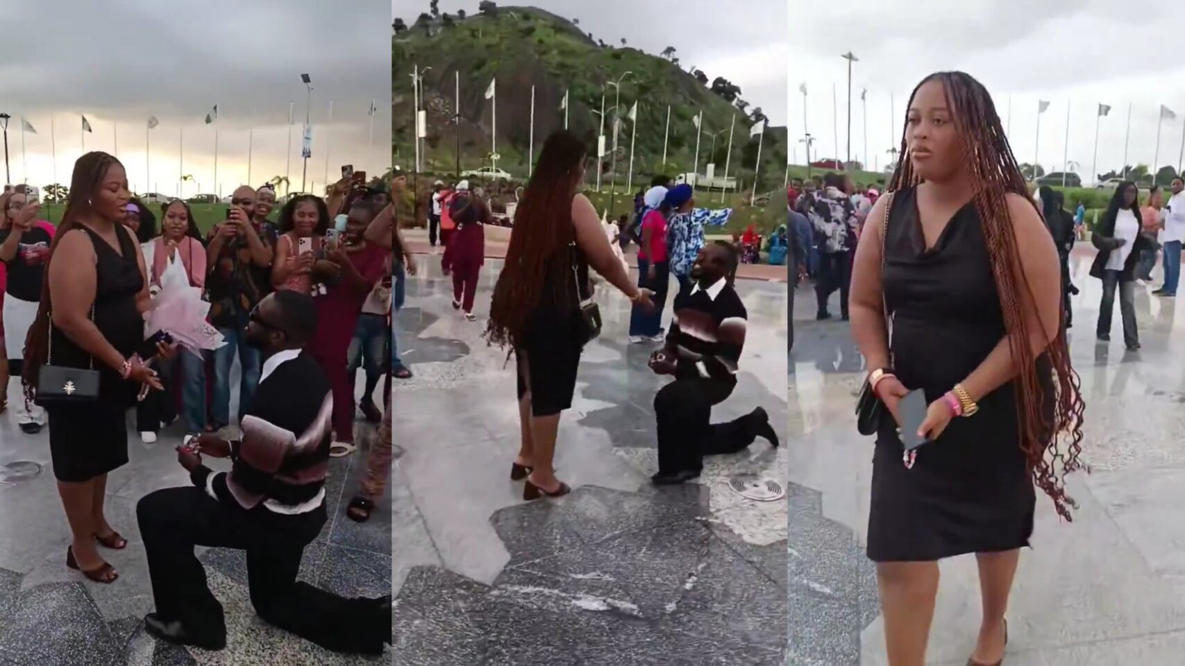 Public disgrace as lady rejects marriage proposal, leaves man on his knees at Abuja City Gate