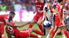Musiala collapses after scoring for Bayern Munich against Leipzig