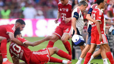Musiala collapses after scoring for Bayern Munich against Leipzig