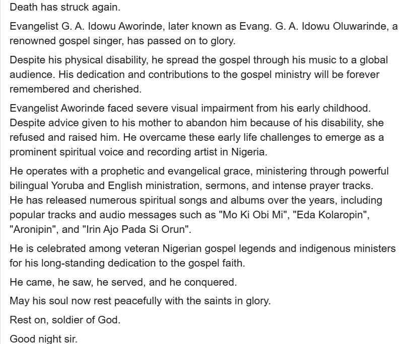 Popular Yoruba gospel singer Evang. G.A. Idowu Aworinde passes away