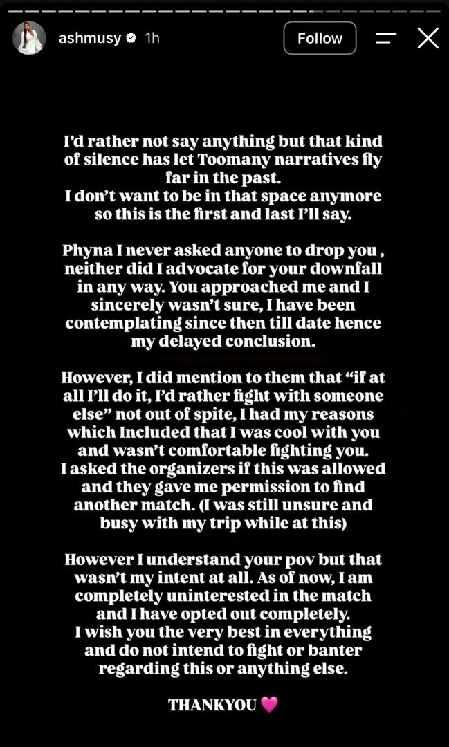 “I never asked anyone to drop you” – Ashmusy breaks silence after Phyna’s explosive boxing match hijack allegation