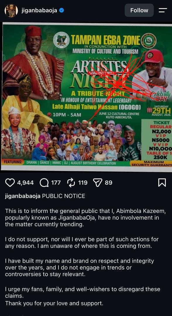 “I won’t be part of it” - Jigan Baba Oja disowns event to honour late Ogogo