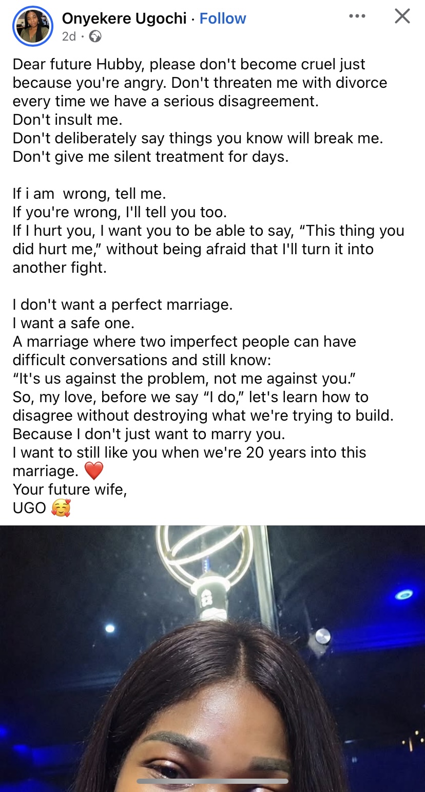 "I don't want a perfect marriage, I want a safe one" - Lady tells future husband