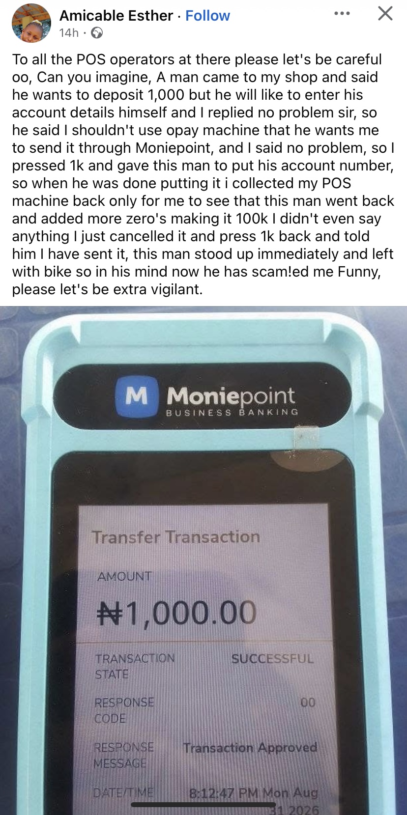 “He thought he had scammed me" - POS girl cries out after man allegedly changed ₦1k to ₦100k