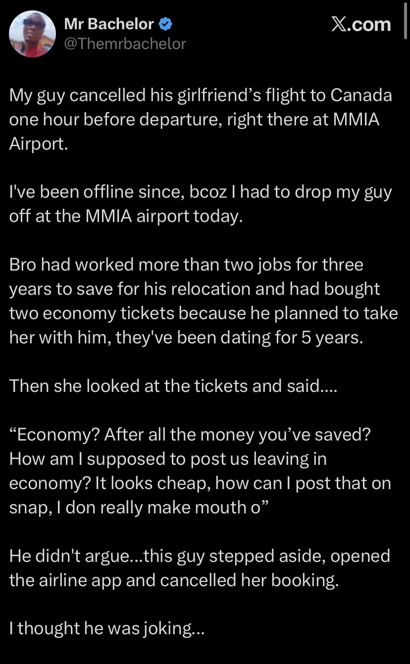 "Economy? How am I supposed to post us" - Man cancels girlfriend’s flight to Canada at Airport over ticket class