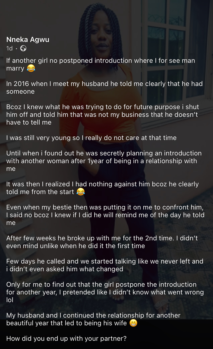 "if another girl no postponed introduction…” - Wife shares surprising story of how she met her husband