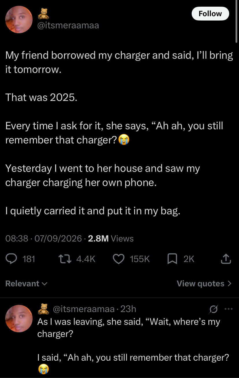 "Ah ah, you still remember that charger? - Lady shares how she got her charger back from friend after one year