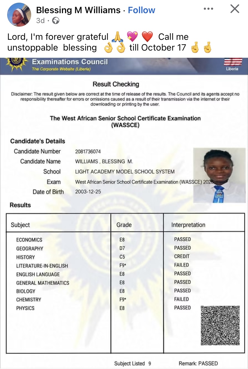 "Lord, I’m forever grateful” - 2026 WAEC result of a Liberian girl goes viral