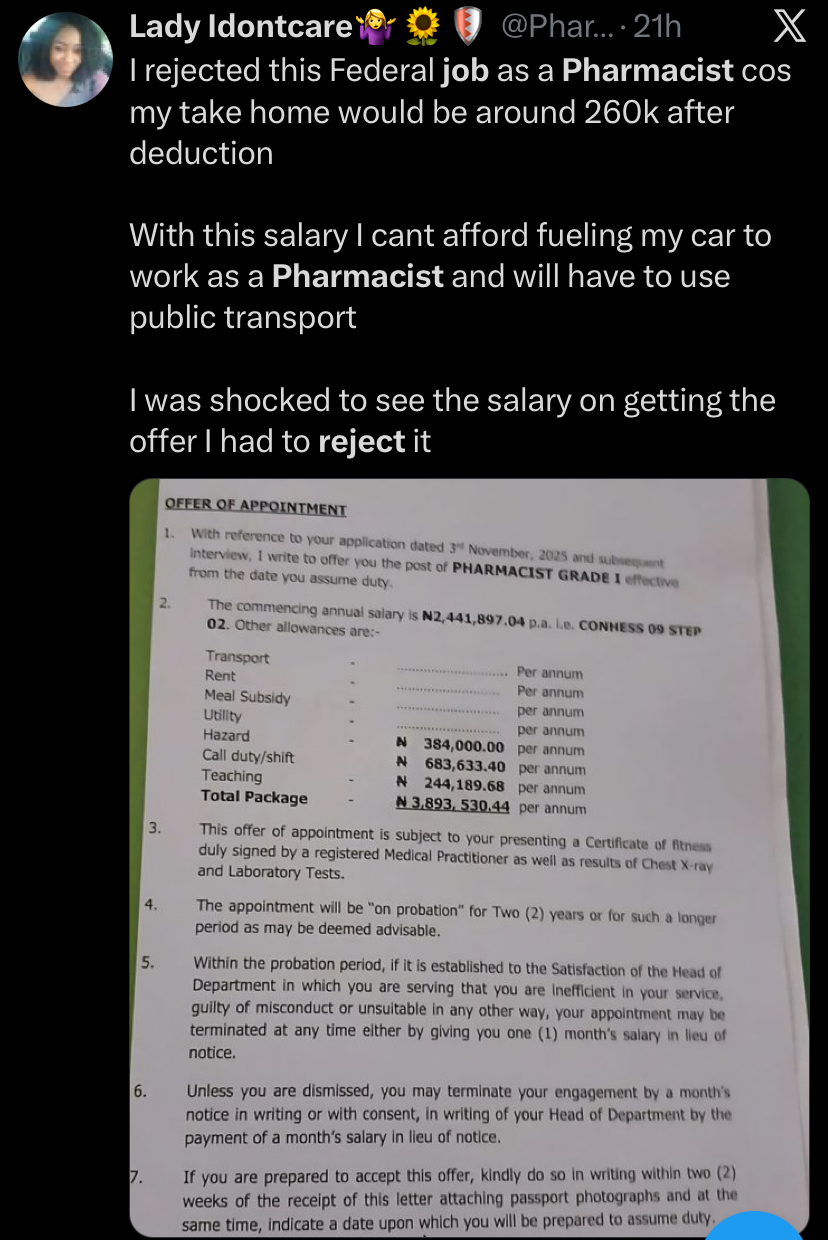 Pharmacist rejects Federal Government job after seeing ₦260k take-home pay, shares appointment letter