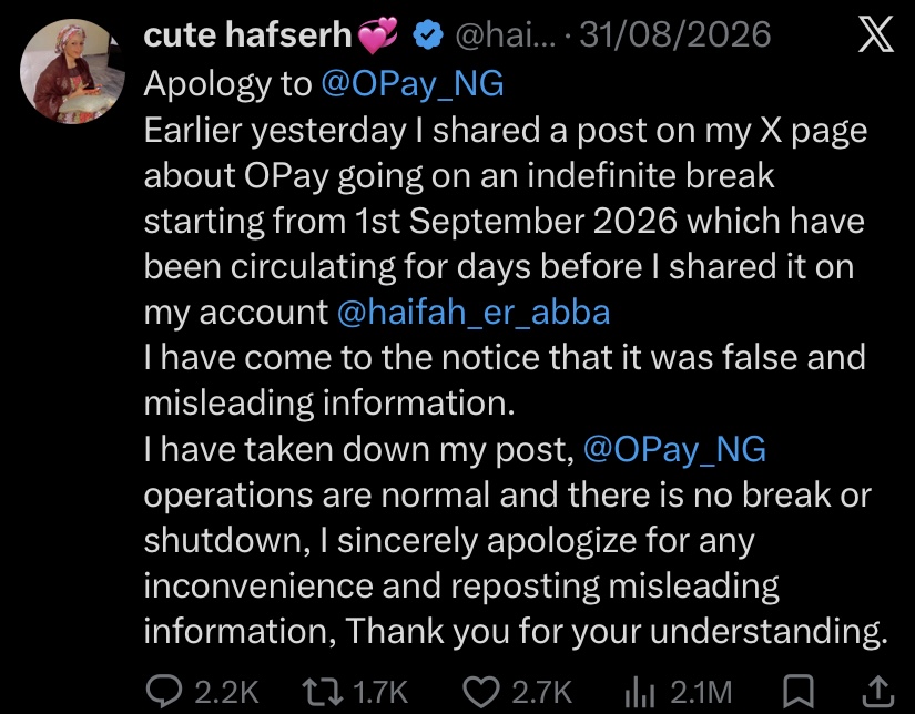 "I shared a false and misleading post" - Lady’s apology to OPay surfaces after arrest