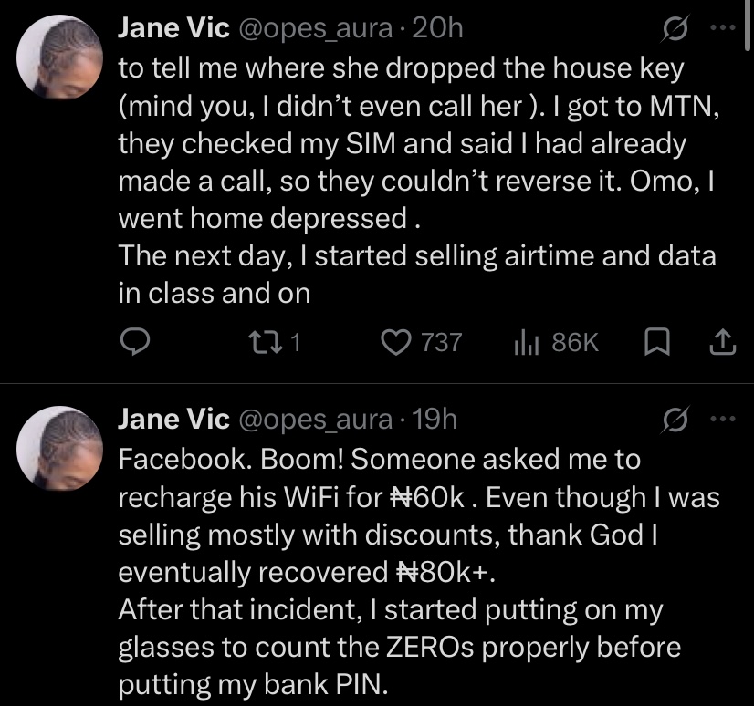 “My eyes cleared immediately” – Lady recalls how ₦100k airtime mistake nearly broke her