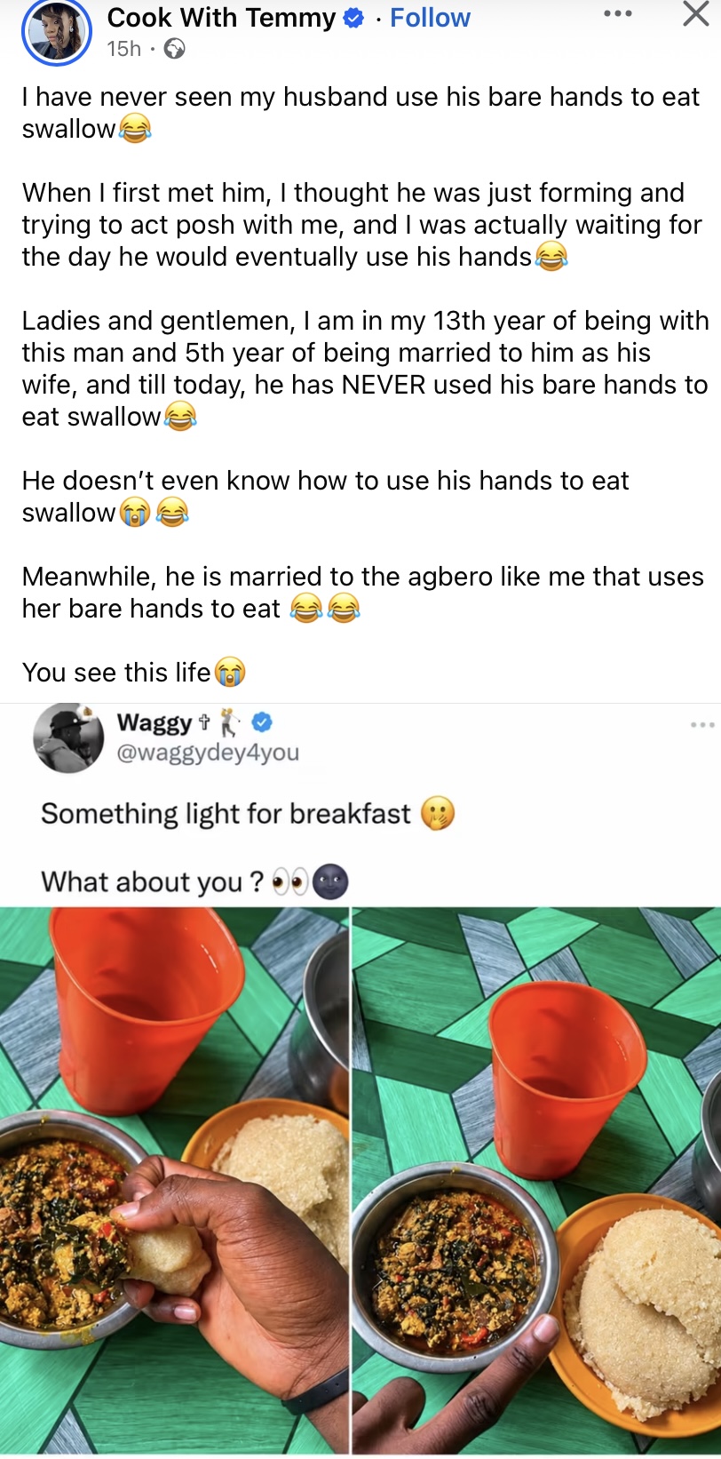 “I thought he was just forming” - Lady reveals husband still can’t eat swallow with his hands after 13 years