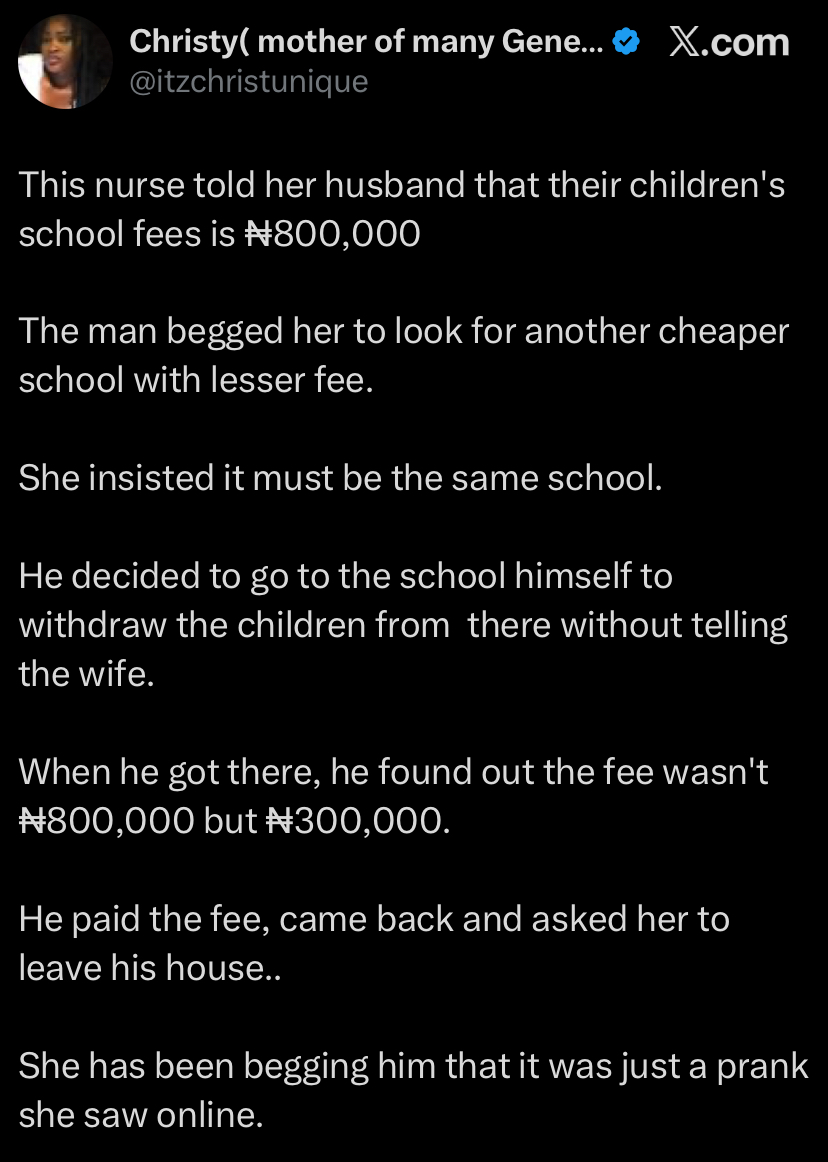 Husband sends nurse wife packing after discovering she inflated children's school fees by ₦500k