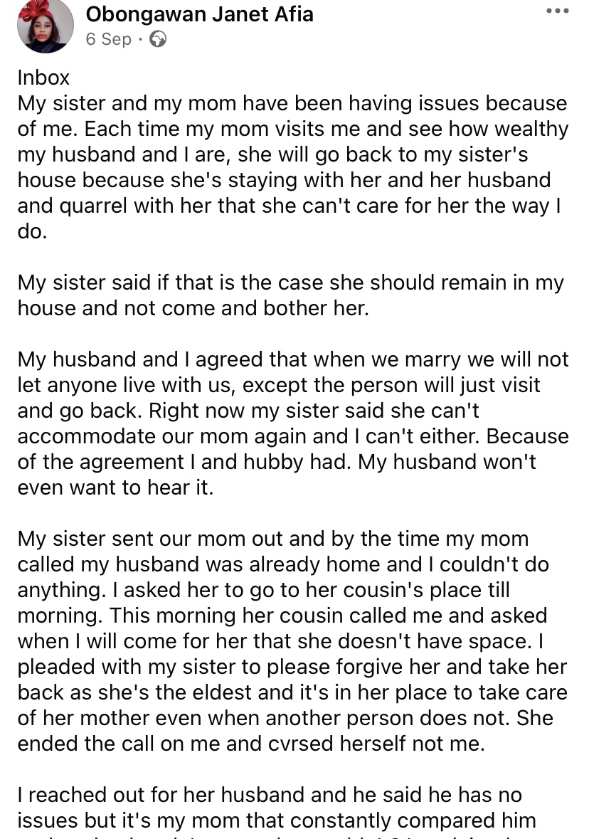 “How can a daughter be so heartless?” - Lady calls out sister for allegedly sending their mother out of her house