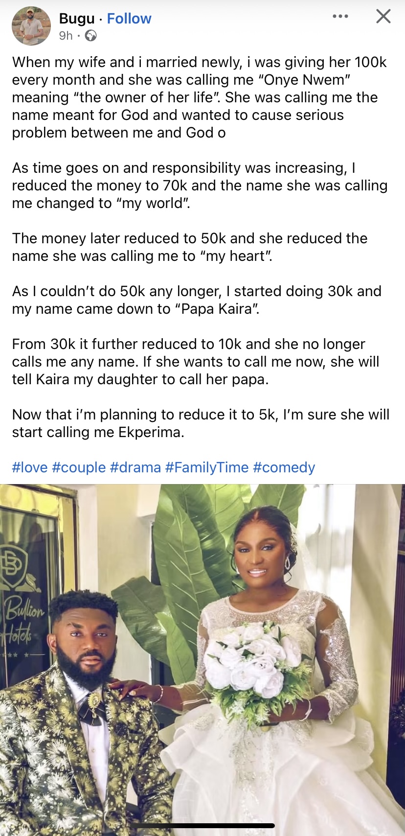 “She no longer calls me any name” – Man cries out as wife drops pet names after he cut monthly allowance