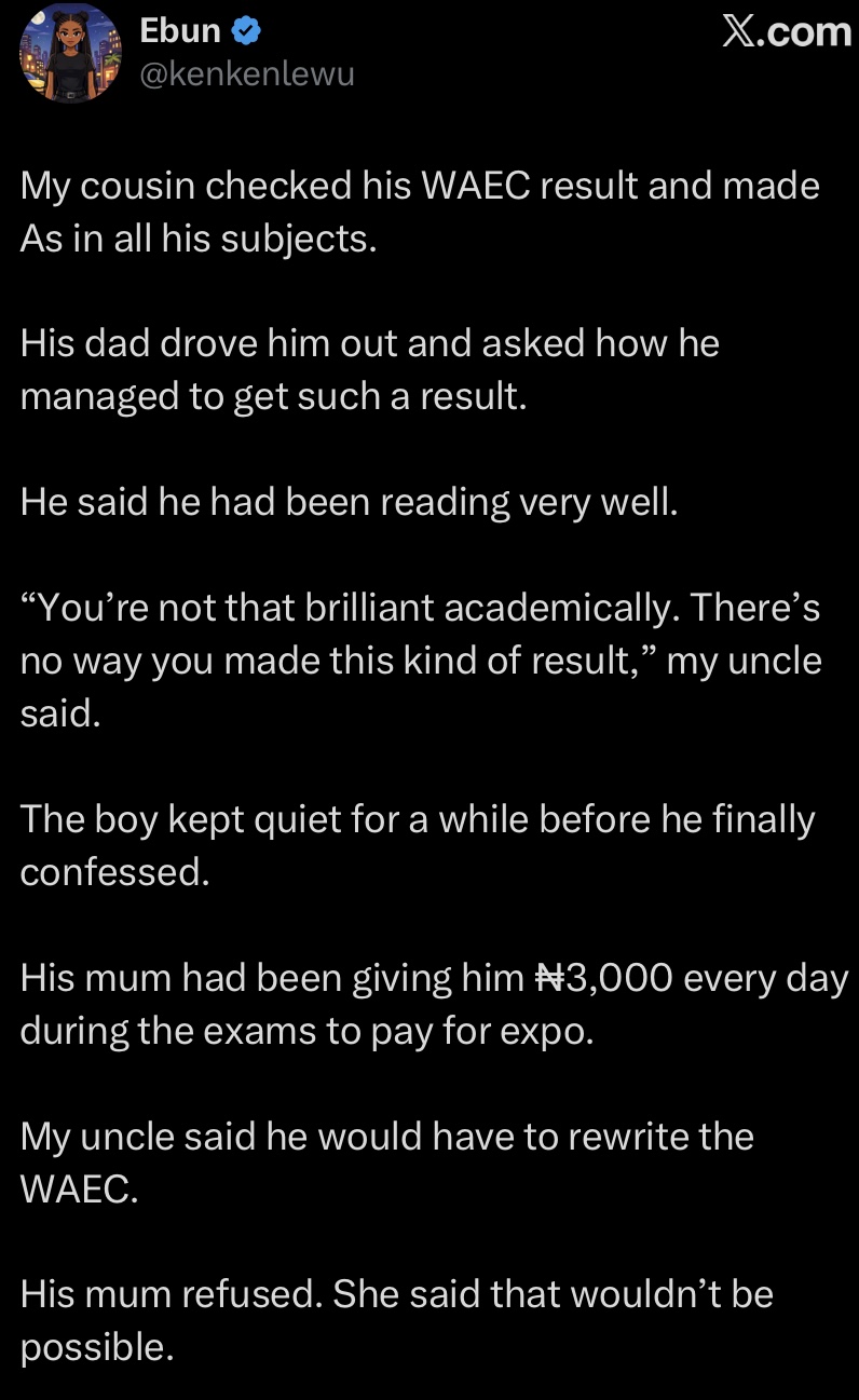 Lady shares how cousin who bagged A1s in WAEC scored 85 in JAMB