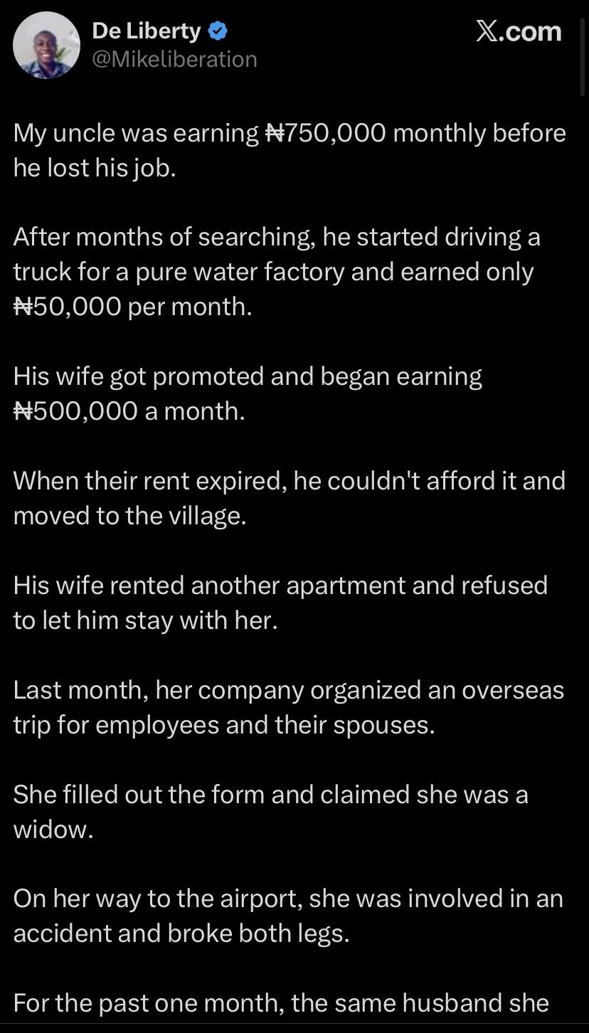 "I'm a widow" - Wife dumps jobless husband to travel abroad, breaks both legs on way to airport