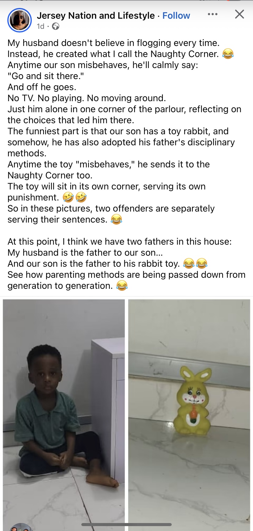 “At this point, we have two fathers in this house” – Mother shares how son disciplines his toy rabbit like dad