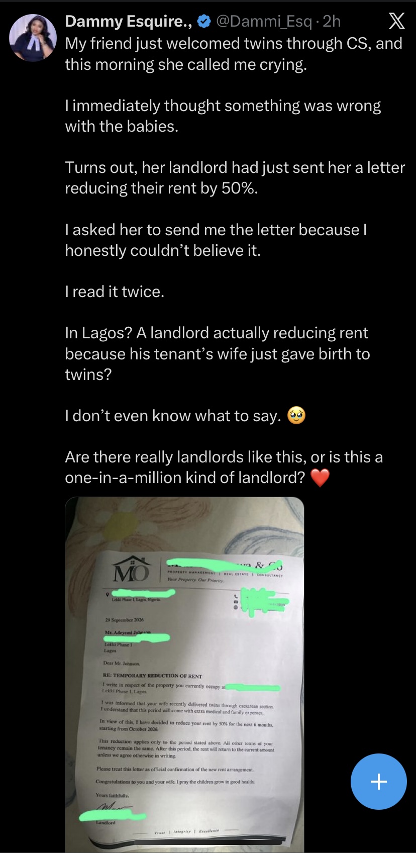 Lagos landlord reportedly cuts rent by 50% after tenant welcomes twins