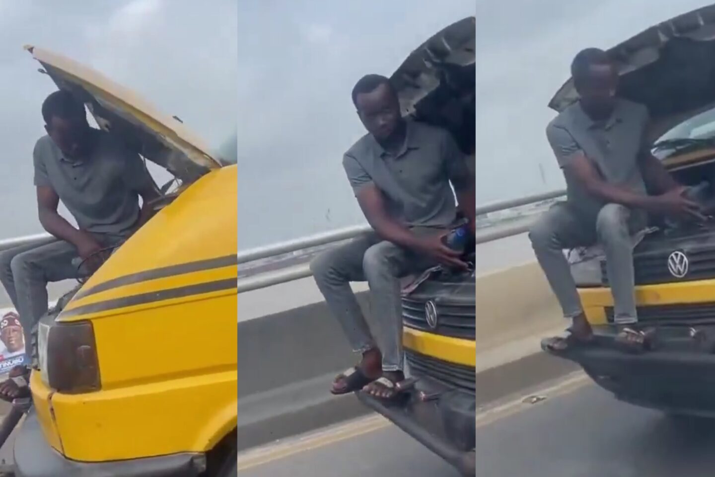 Unusual scene as man is spotted fixing moving bus while passengers remain inside in Lagos