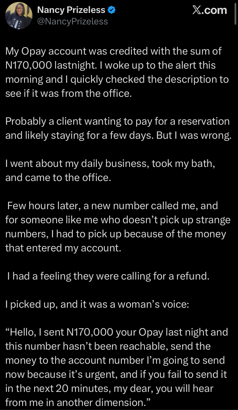 "You'll hear from me in another dimension" - Lady cries out over threatening call after ₦170k mistakenly enters her OPay account