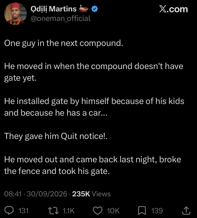 "Na my gate" - Man reportedly breaks fence, carries gate away after landlord gave him quit notice