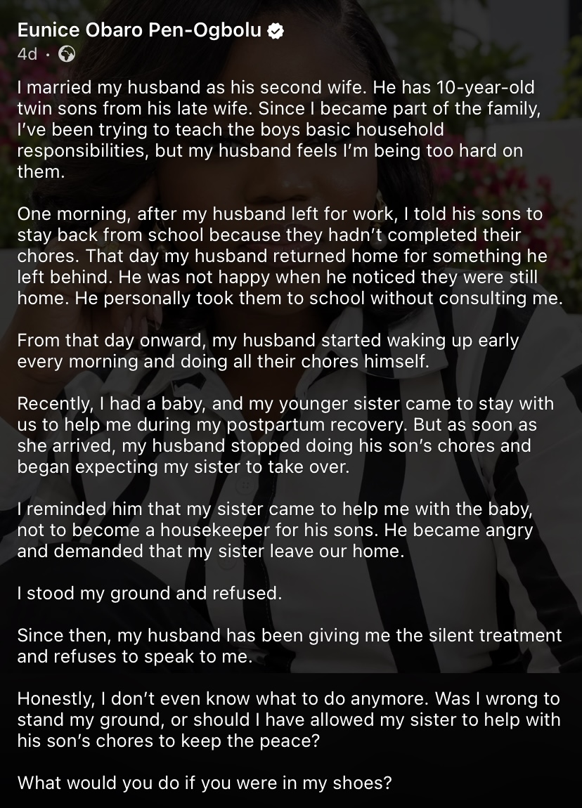 “He wants my sister out because she refused to wash his sons' clothes" - Second wife cries out