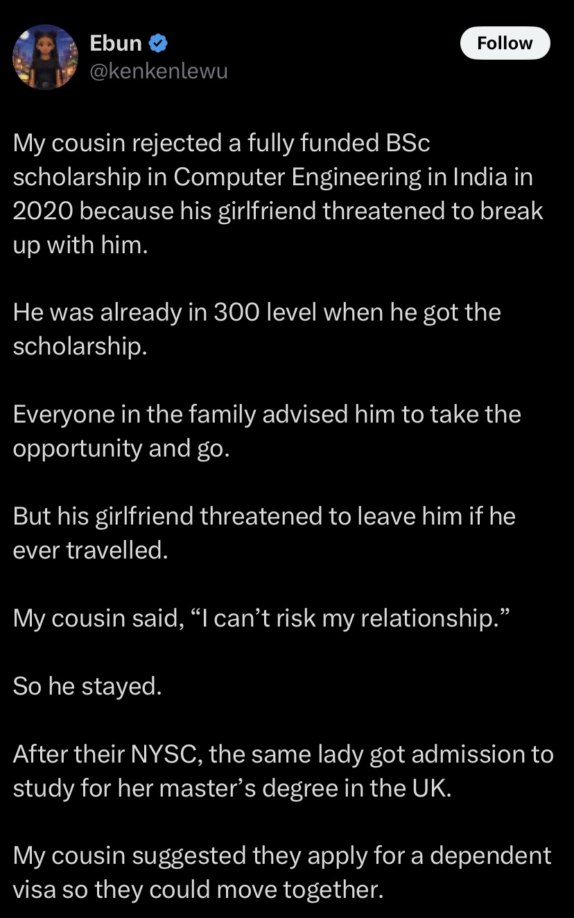 Man sacrifices fully funded India scholarship for girlfriend, ends up doing POS after she dumps him to marry another man